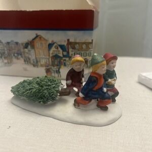 Lemax Christmas FIGURINE Children Pulling Tree Porcelain 1991 In Box Village